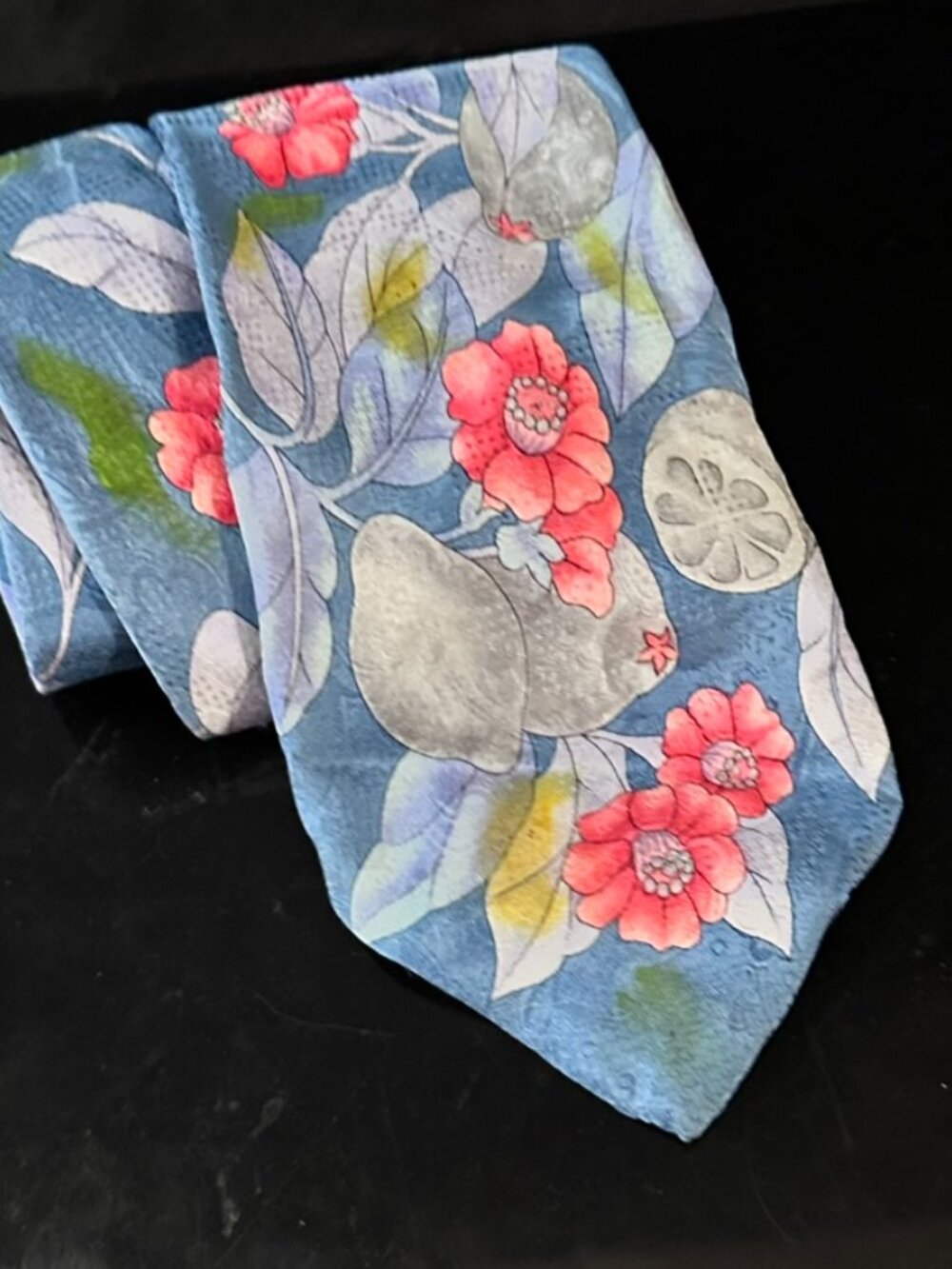 Leonard Silk Tie Mens Necktie Hand painted Floral Upcycled Blue Green